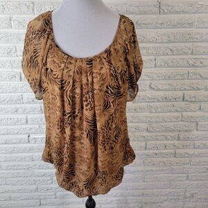 Roz Ali Womens Top 2X Plus Sheer Sleeve Brown Animal Print Polyester ANI76E
